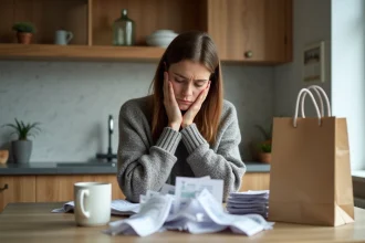 Femme anxieuse devant ses reçus dans la cuisine