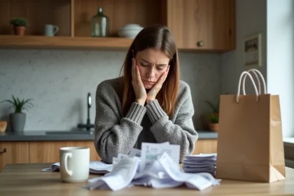 Femme anxieuse devant ses reçus dans la cuisine