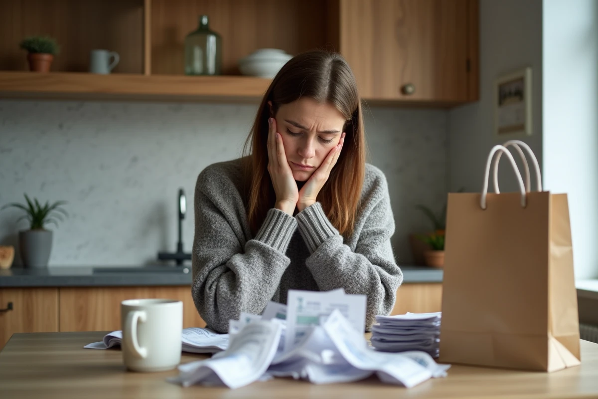 Femme anxieuse devant ses reçus dans la cuisine