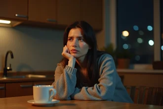 Femme pensive regardant une horloge affichant 23h23 dans une cuisine calme la nuit, illustrant le doute et l'heure miroir