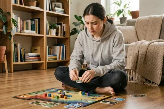Jeune femme concentrée analysant un jeu de société complexe posé sur le sol d'un salon cosy, cherchant une astuce pour débloquer une situation difficile