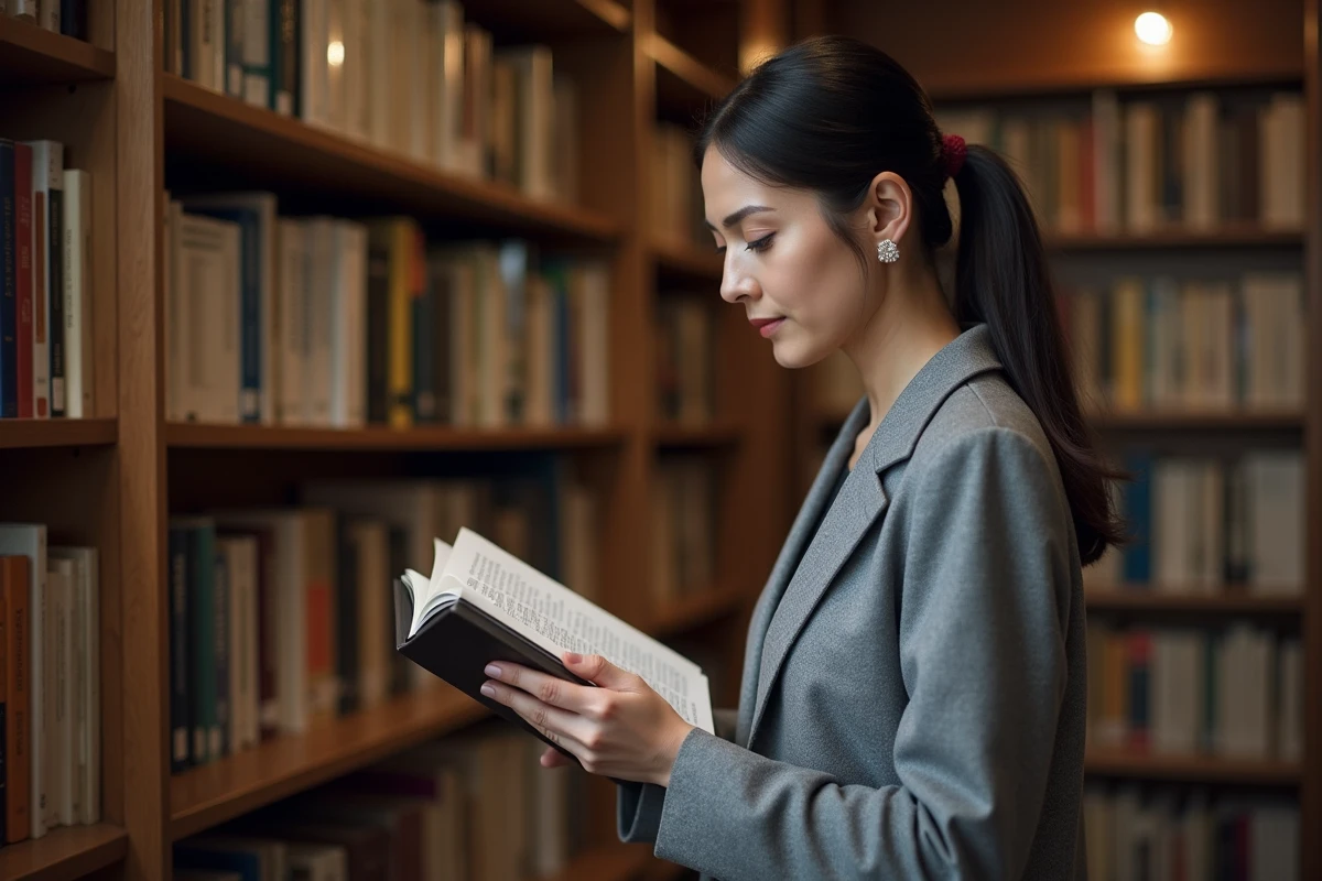 Femme professionnelle dans une bibliothèque de référence, évoquant le travail éditorial de Brigitte Benkemoun