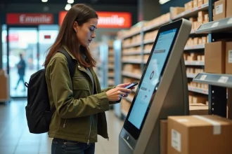Femme scannant un code-barres sur un terminal relais Colissimo dans un supermarché français