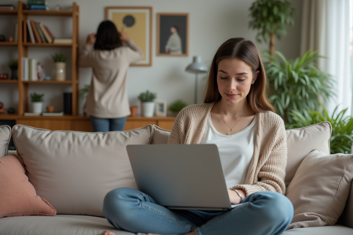 Jeune femme travaillant sur son ordinateur dans un salon chaleureux
