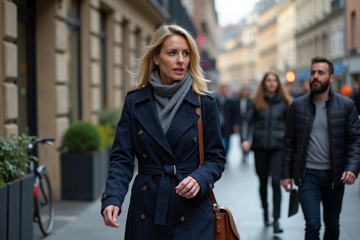 Femme en trench et foulard parle avec collègues dans la rue