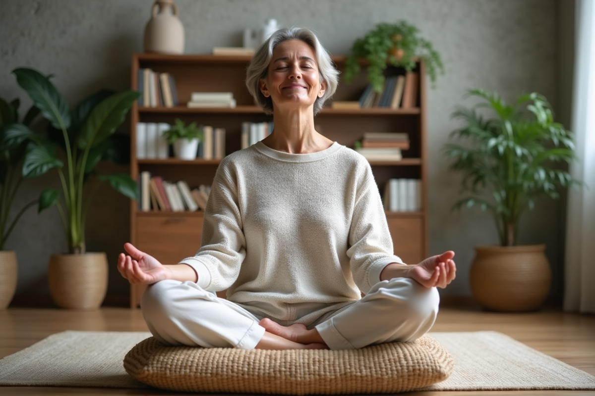 Femme méditant paisiblement dans un salon cosy