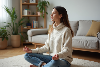 Femme méditant en intérieur dans un salon minimaliste