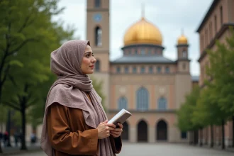 Femme musulmane avec foulard devant la mosquee de Strasbourg