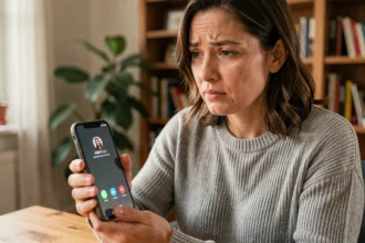 Femme regardant son smartphone affichant un numéro masqué avec une expression intriguée, assise dans un bureau à domicile