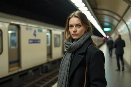 Jeune femme dans le métro parisien en hiver