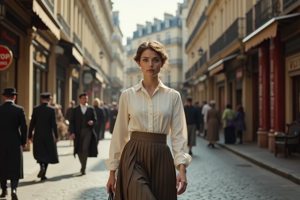 Jeune femme en tenue vintage marchant dans une rue parisienne