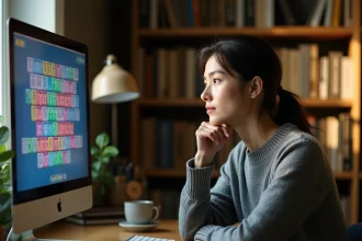 Femme pensive devant un jeu de mots sur ordinateur, cherchant une solution à un indice difficile du jeu Pédantix