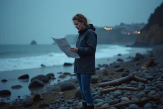 Femme examinant une carte des marées sur la plage d Hendaye la nuit