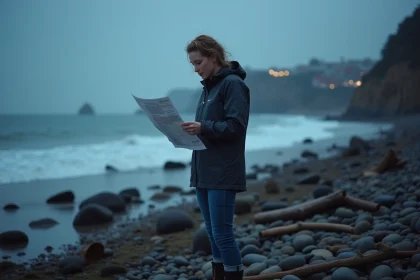 Femme examinant une carte des marées sur la plage d Hendaye la nuit