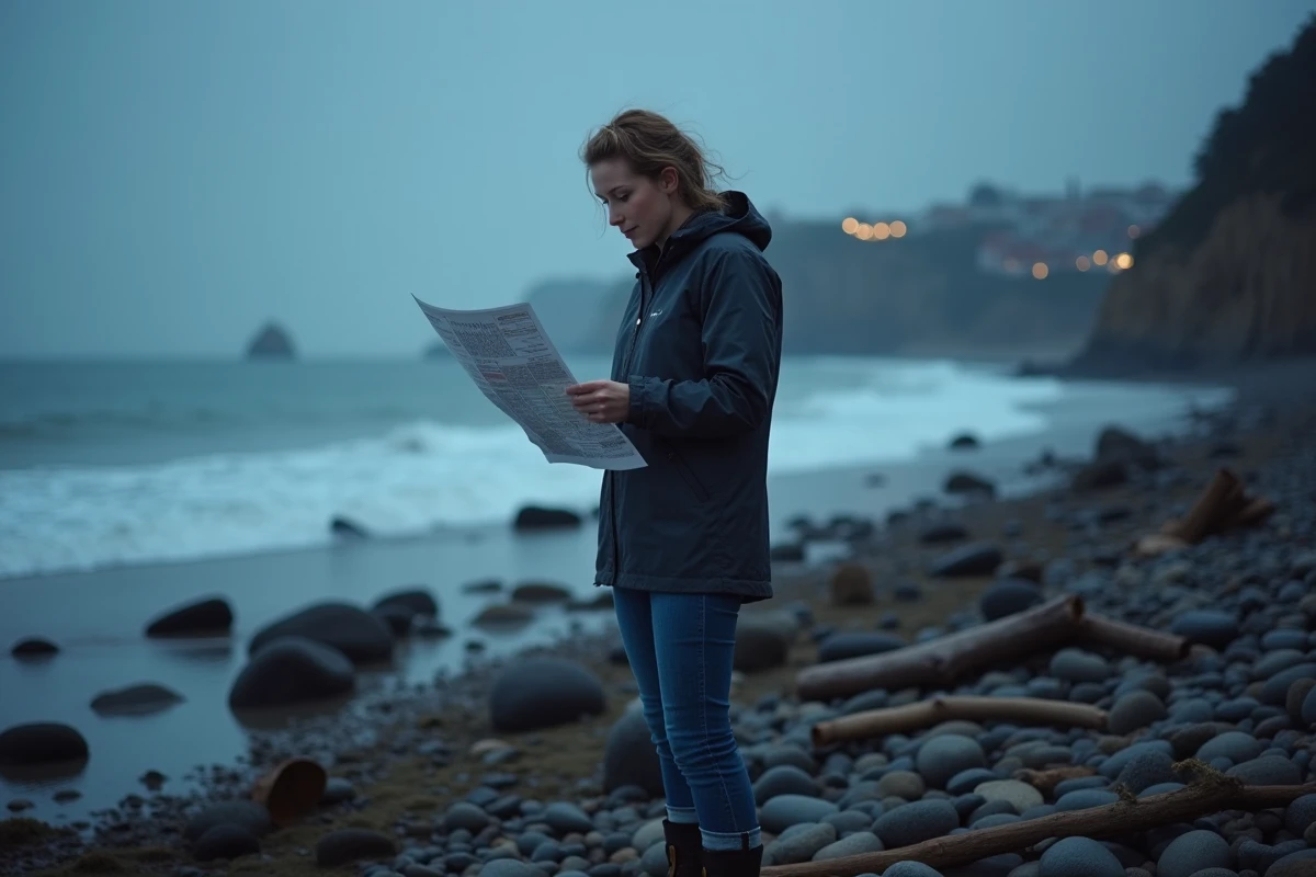 Femme examinant une carte des marées sur la plage d Hendaye la nuit