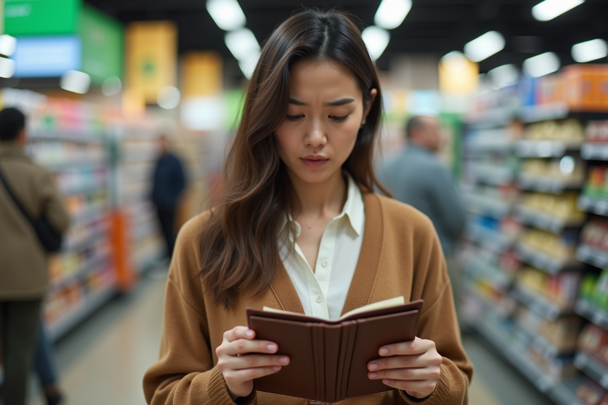Jeune femme regardant son portefeuille dans un supermarché