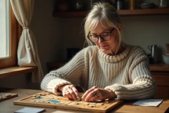 Femme posant une tuile Scrabble sur un plateau de jeu classique en bois, illustrant une partie compétitive à domicile