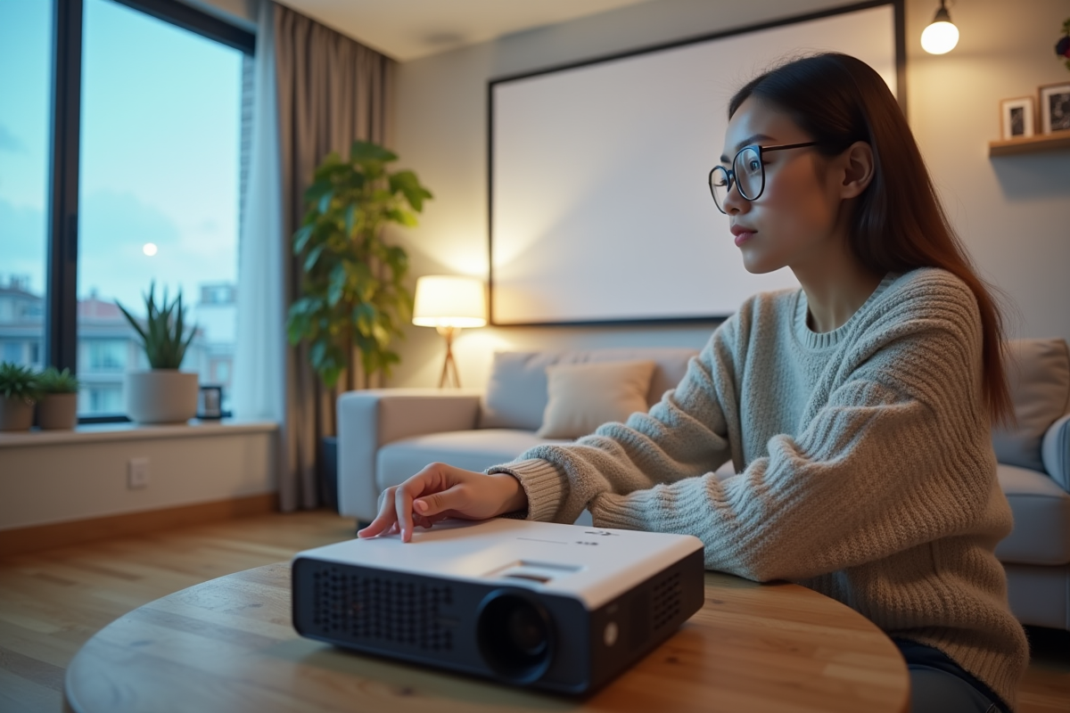 Jeune femme installe un projecteur dans un appartement moderne
