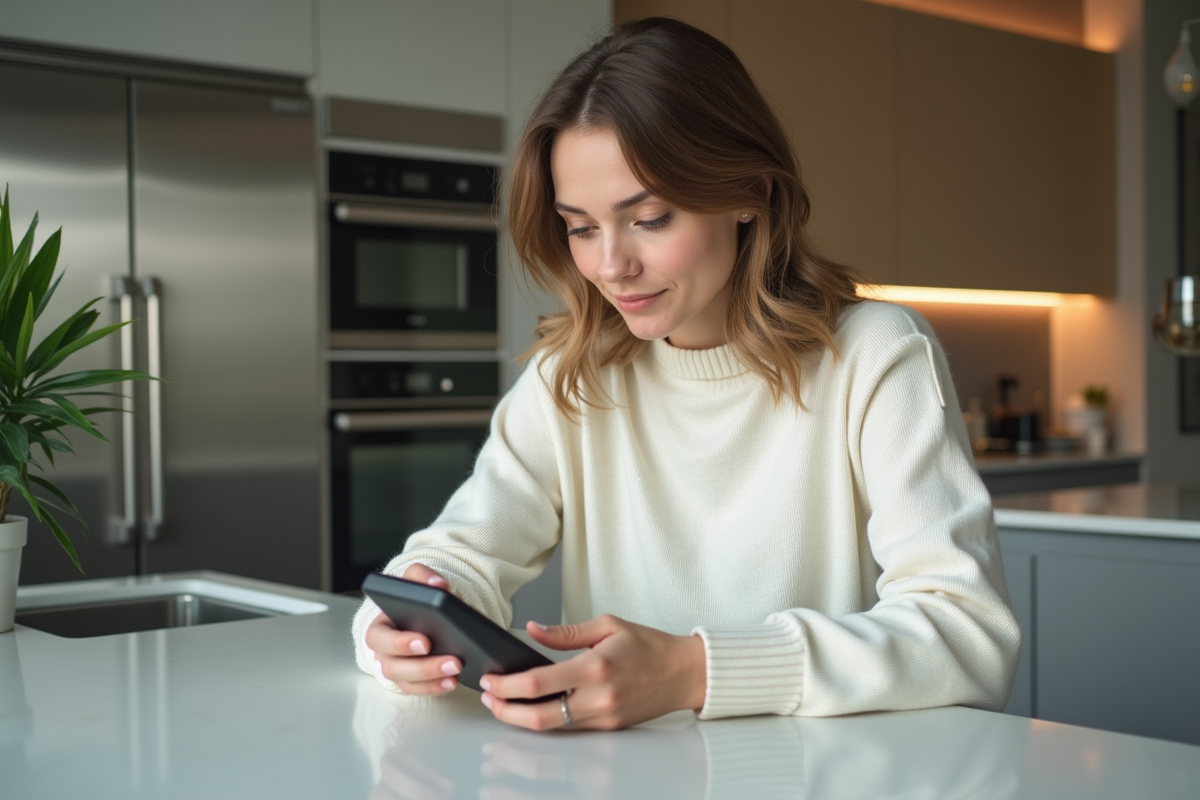 Jeune femme programmant une télécommande dans la cuisine moderne