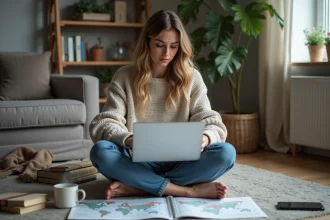 Femme concentrée avec puzzle et ordinateur dans un salon cosy