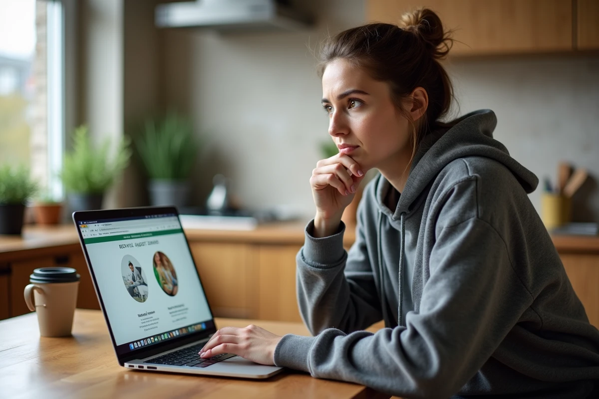 Femme cherchant des informations sur un site de déchetterie depuis son ordinateur à la maison, expression dubitative
