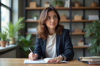 Femme en réflexion dans un bureau lumineux et moderne