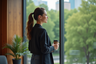 Jeune femme contemplant un parc urbain depuis une fenêtre