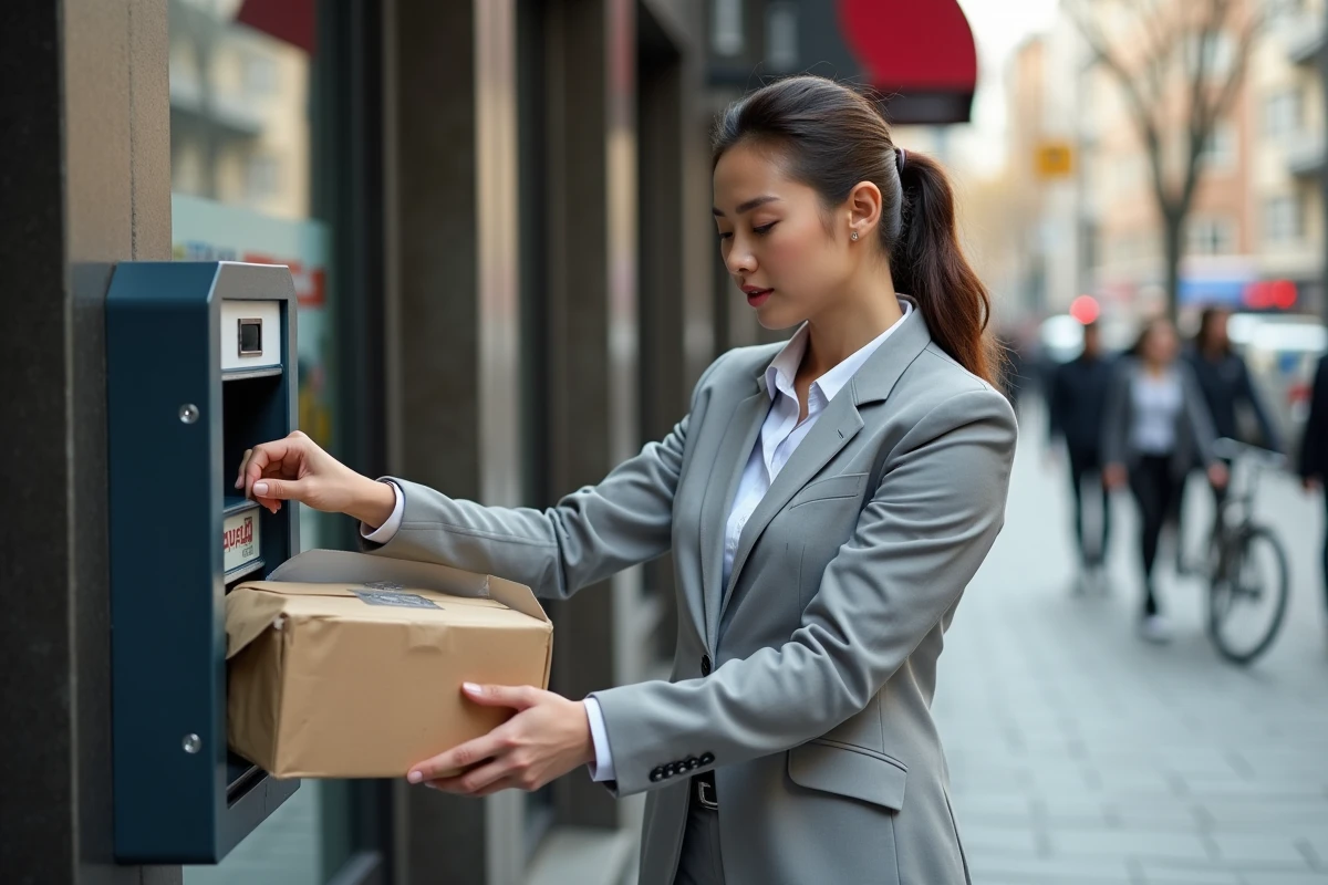 Jeune femme d affaires déposant un colis dans une boîte de livraison urbaine