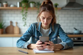 Jeune femme dans la cuisine avec smartphone et bloc note