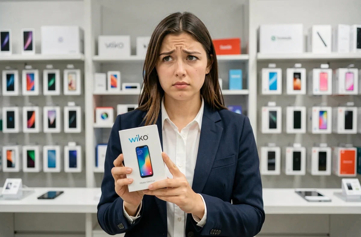 Femme tenant un smartphone Wiko dans un magasin, illustrant la confusion entre la marque Wiko et le site Wikio