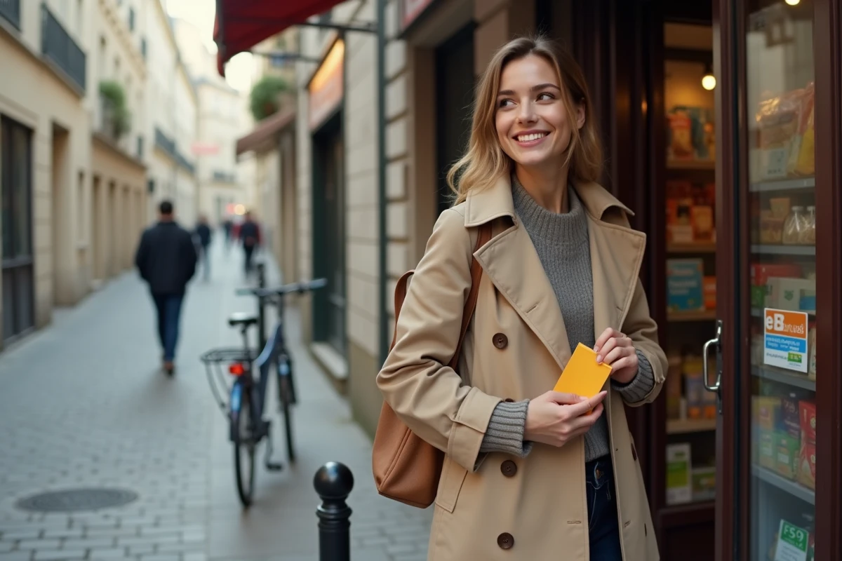 Jeune femme sortant d'un commerce de proximité avec un avis de passage Colissimo à Paris