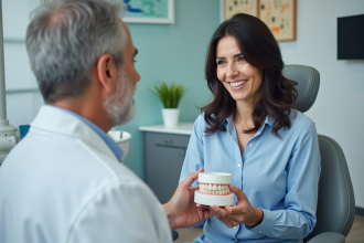 Femme souriante en cabinet dentaire moderne avec dentiste