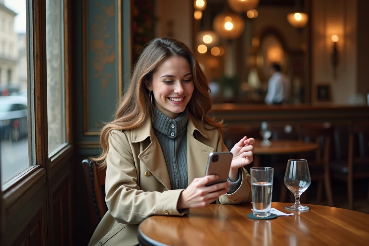 Jeune femme souriante avec trench dans une brasserie intérieure