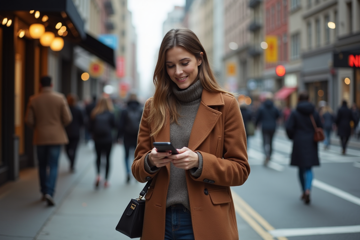 Femme stylée dans la rue vérifiant son téléphone