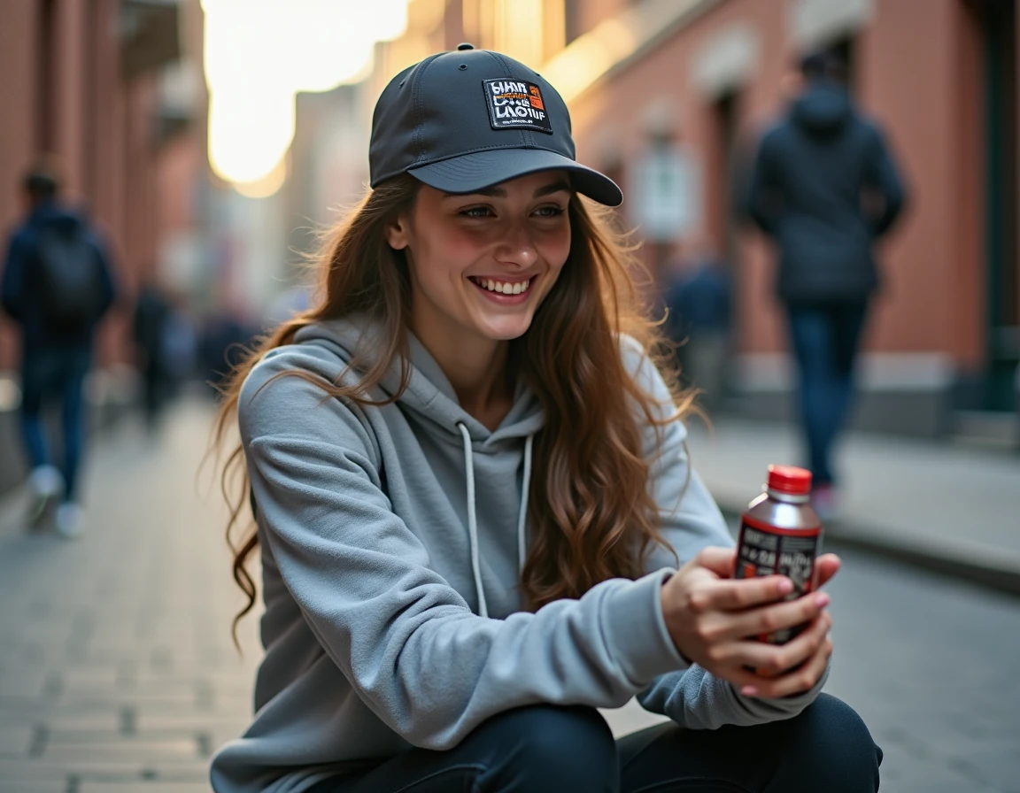 Jeune femme en tenue streetwear découvrant un code promo Air Up sur son smartphone en extérieur urbain