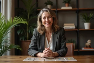 Femme d'âge moyen souriante avec tarot dans un salon cosy