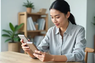 Femme analysant la typographie sur smartphone dans un bureau minimaliste scandinave