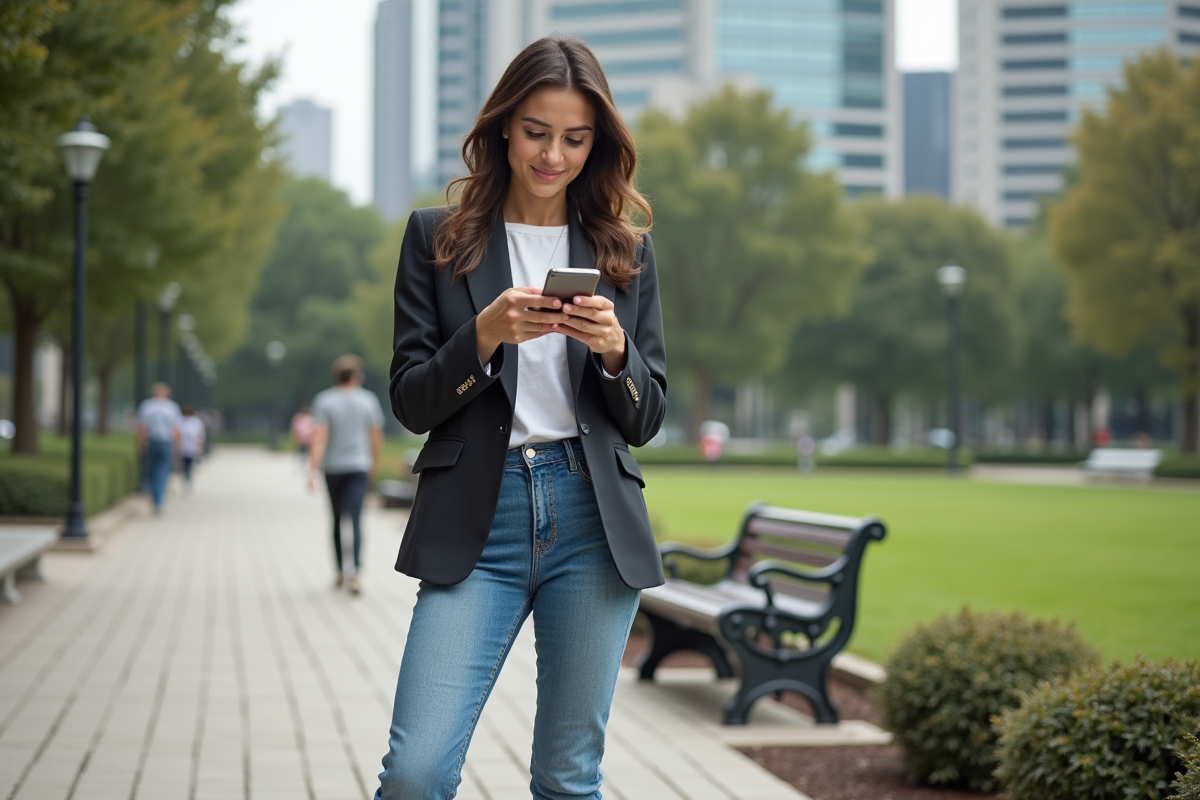 Jeune femme vérifiant son application bancaire dans un parc