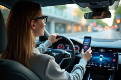 Jeune femme dans une voiture moderne utilisant un écran digital