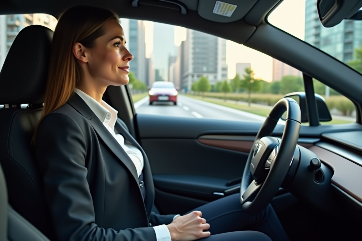 Femme en costume dans une voiture électrique autonome