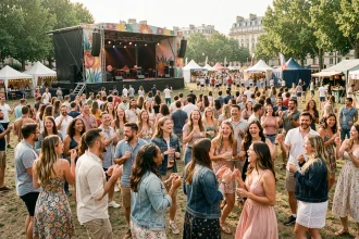 Foule de festivaliers dansant devant une scène de festival de musique en plein air à Lyon en été