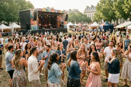 Foule de festivaliers dansant devant une scène de festival de musique en plein air à Lyon en été