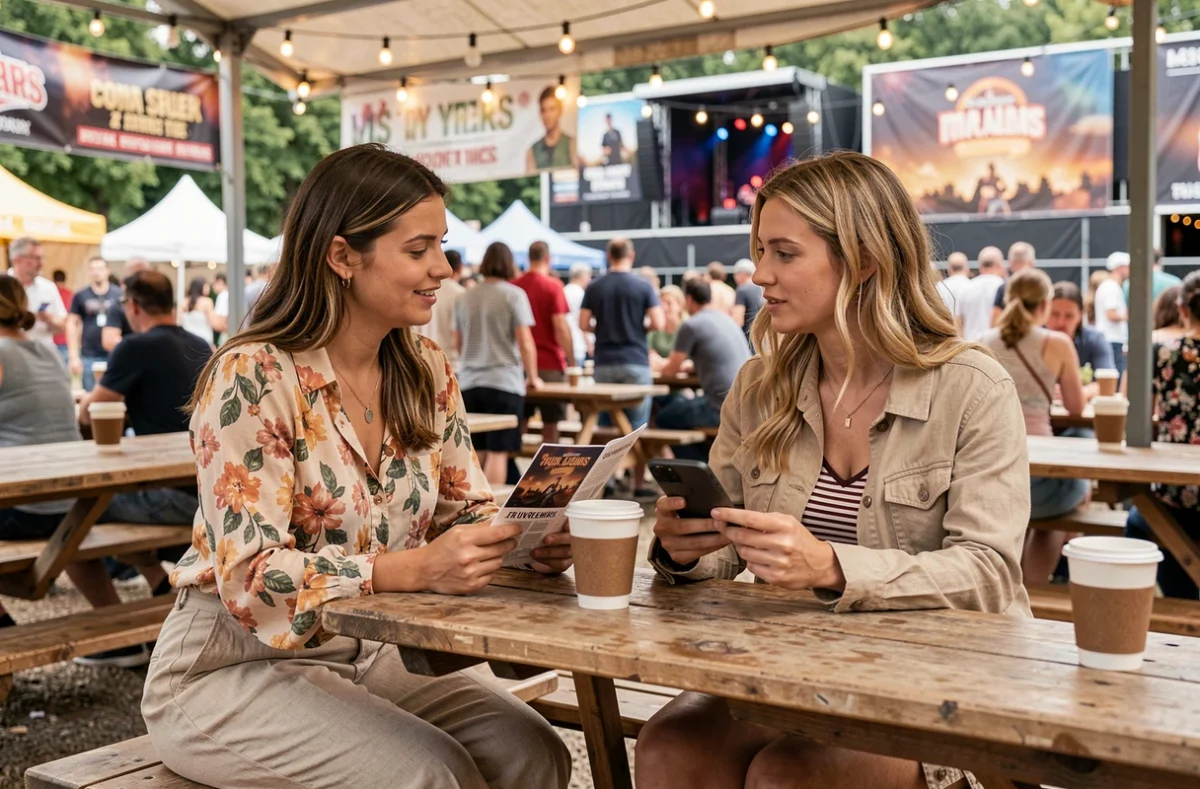 Deux festivalières comparant les programmes et prix des concerts lors d'un festival de musique à Lyon