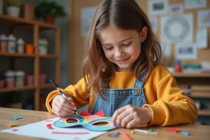 Jeune fille souriante décore un masque de carnaval en atelier