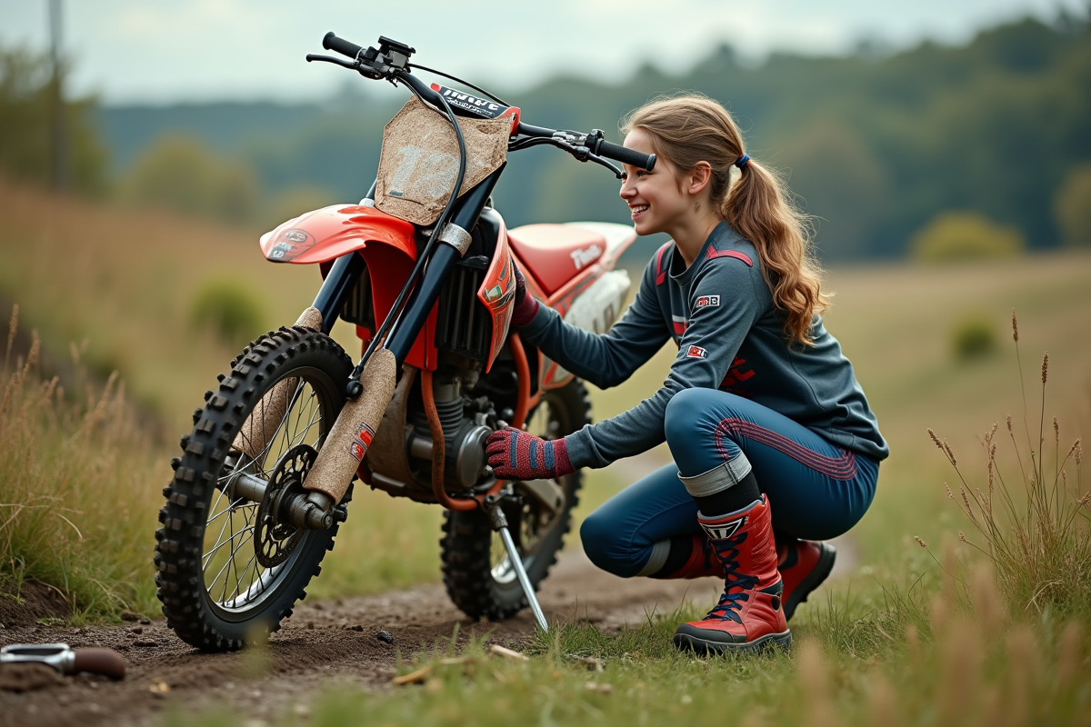 Fille en motocross nettoie les pneus d
