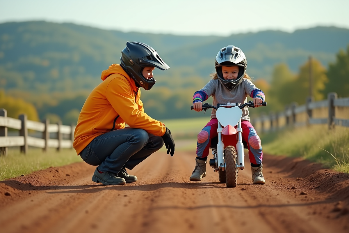 Fille avec casque poussant moto avec parent dans la nature