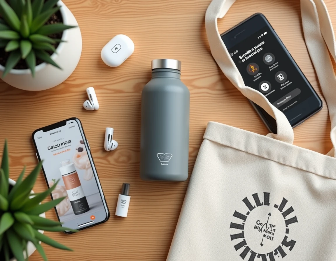 Flat lay lifestyle avec bouteille Air Up, smartphone affichant un code promo et accessoires sur bureau en bois