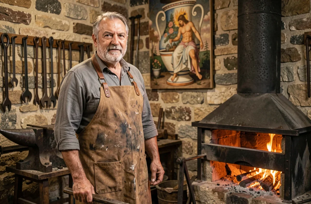 Forgeron artisan dans son atelier évoquant l'univers mythologique du dieu du feu grec Héphaïstos