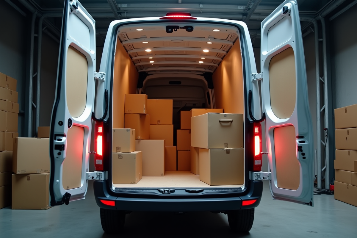 Camion de déménagement ouvert avec cartons organisés à l