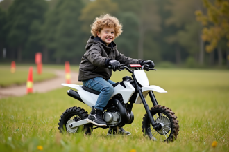 Garçon souriant en motocross enfant en plein air